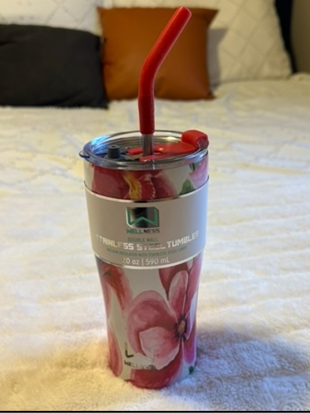 Wellness Floral Pink Stainless Steel Tumbler with Red Straw - 20 oz